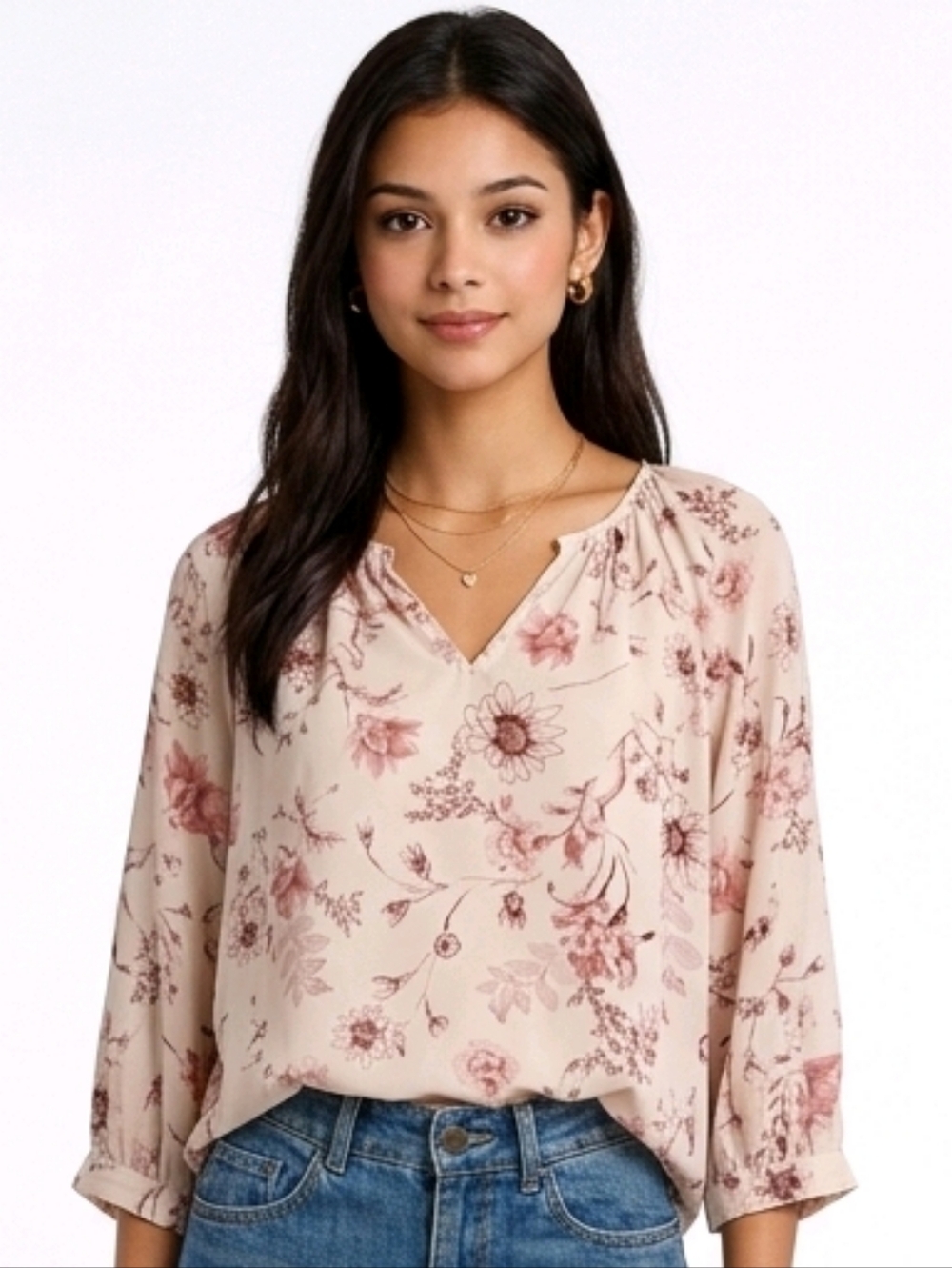Maurices Beige & Maroon Floral Split V-neck 3/4 Sleeve Peasant Blouse Size XS